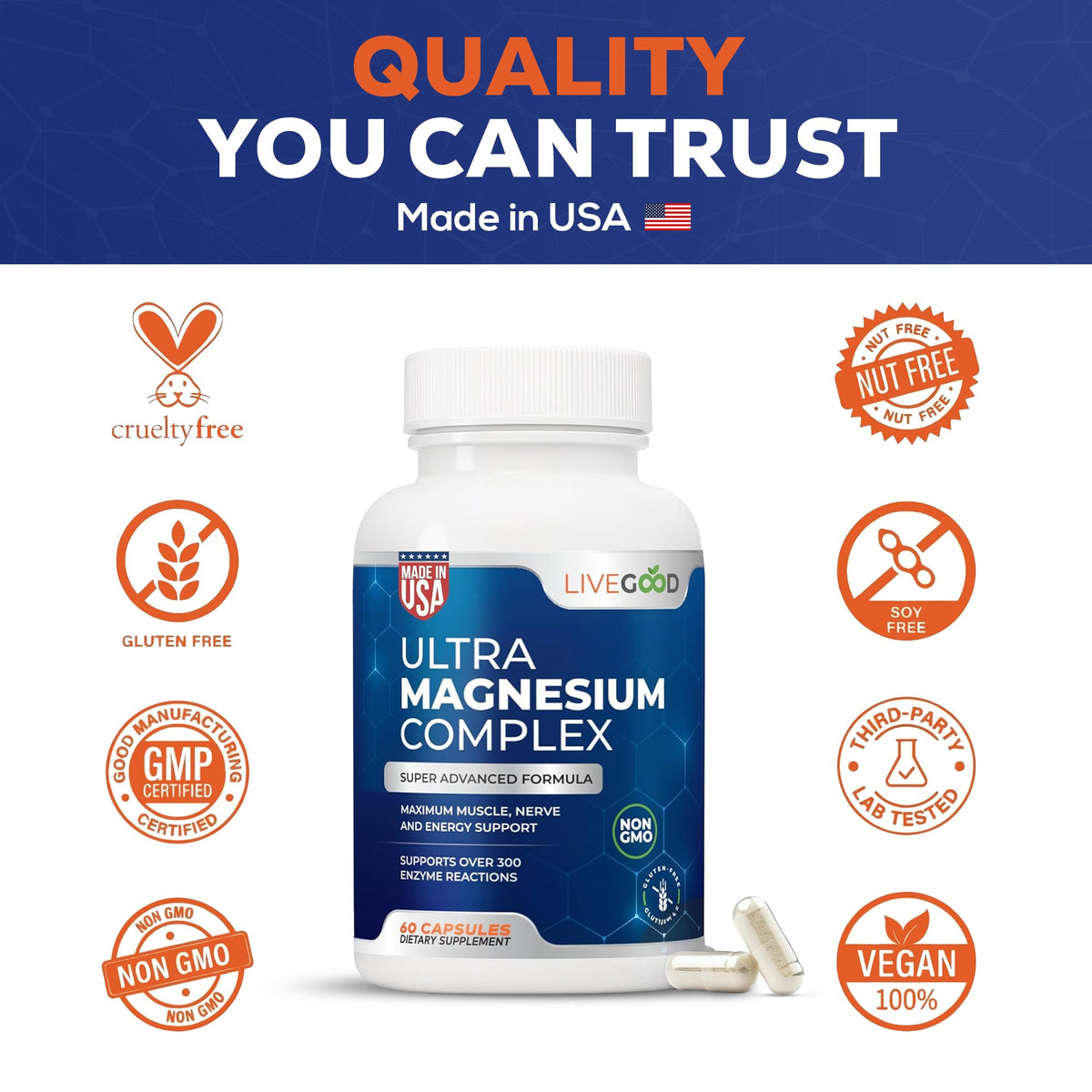 Capsules de Magnésium Ultra LIVEGOOD sur fond blanc