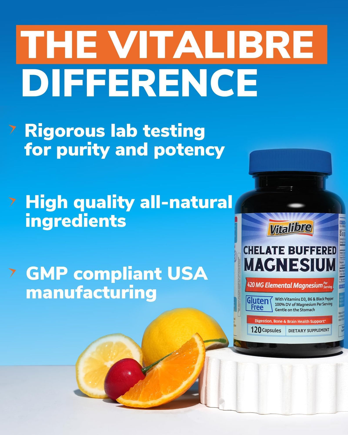 Capsules de magnésium Vitalibre avec D3 et B6 sur une table