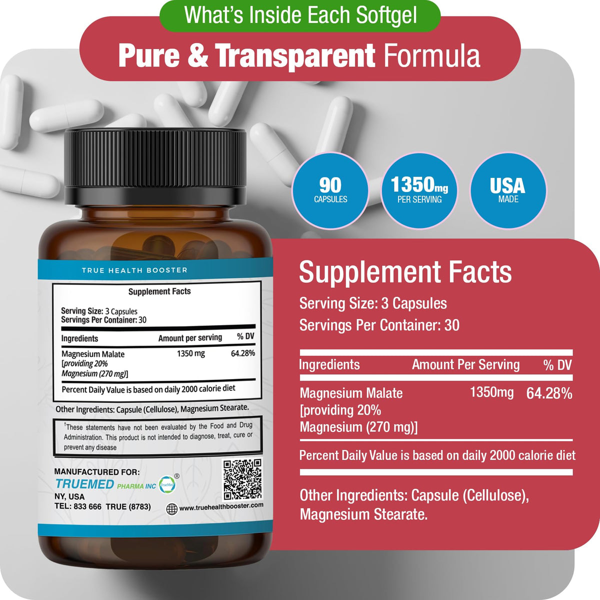 Capsules de Malate de Magnésium TRUEMED sur une table
