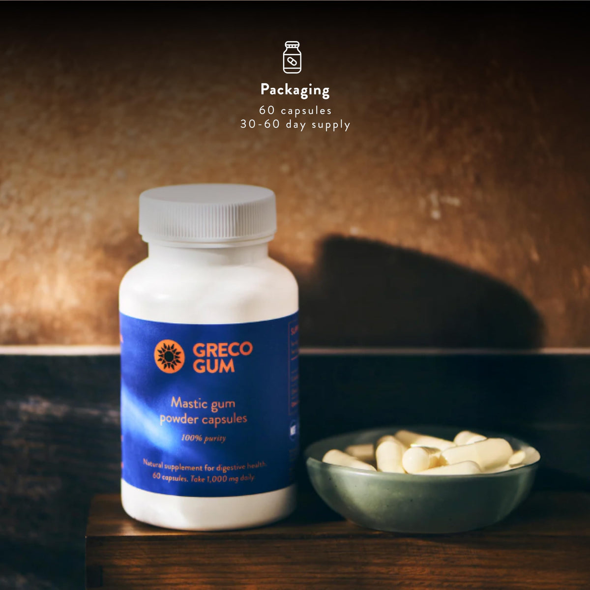 Capsules de mastic Greco Gum 500mg, vue de côté