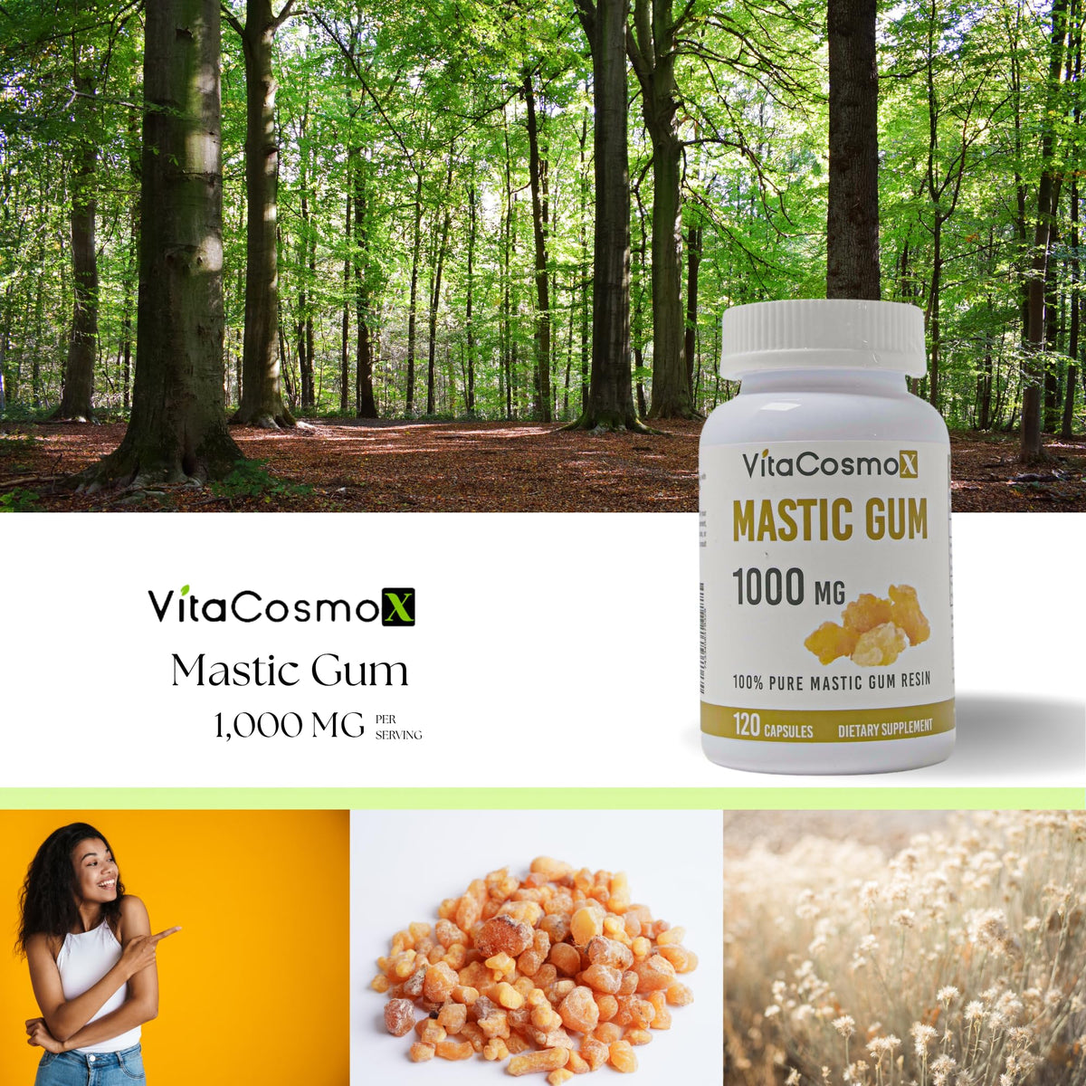 Capsules de Mastic VitaCosmoX sur une table, en gros plan