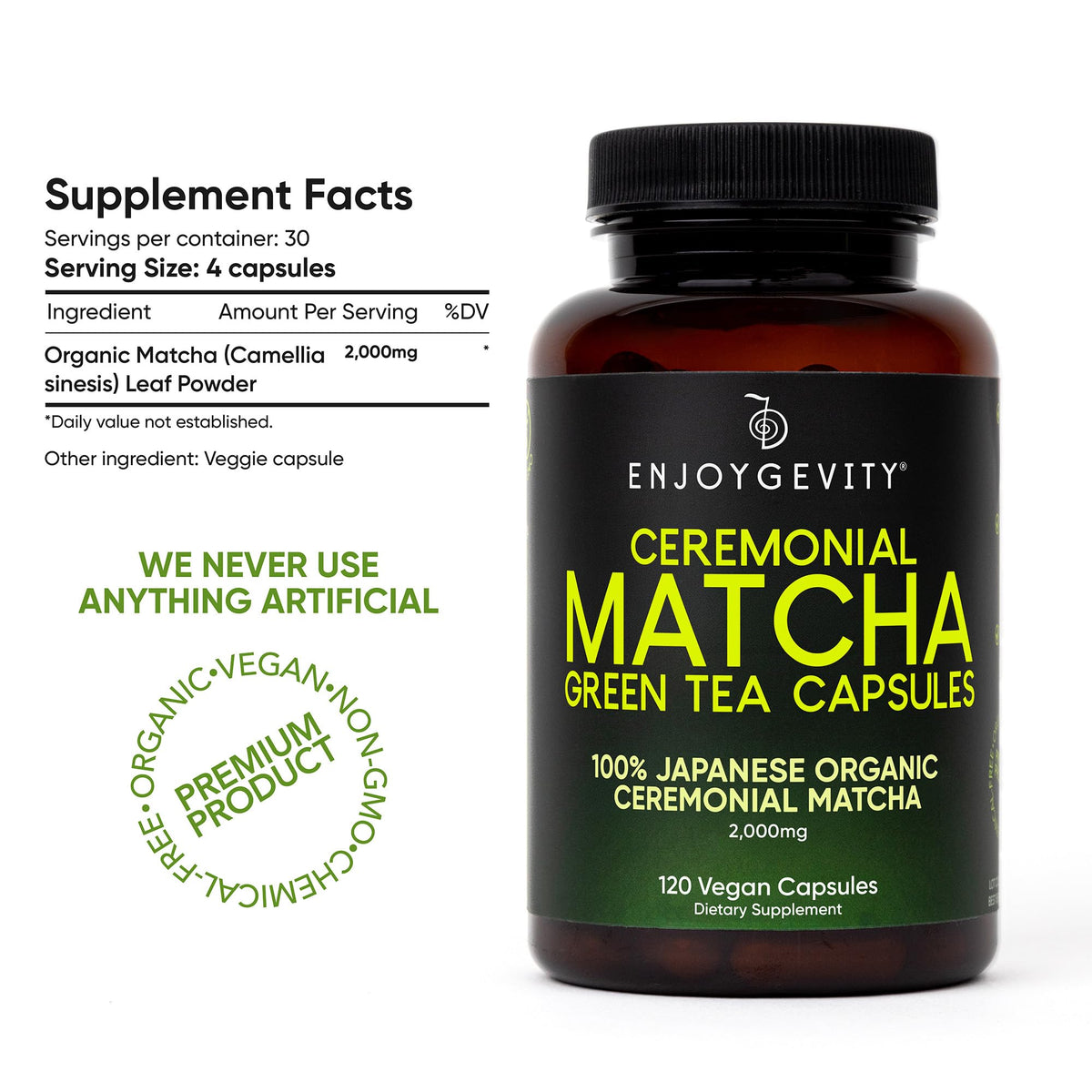Capsules de Matcha Vert Cérémonial Bio EnjoyGevity avec des ingrédients naturels