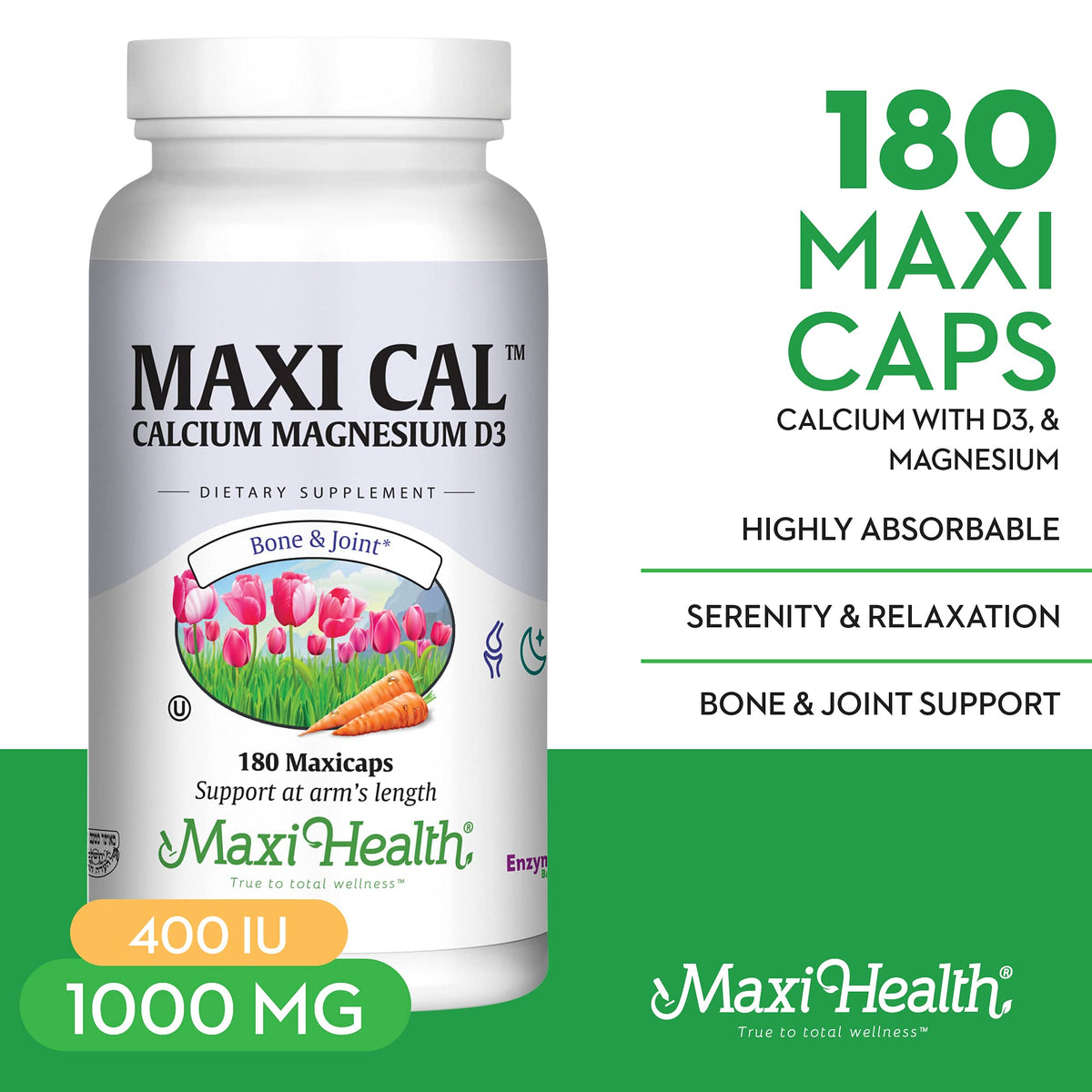 Capsules de Maxi Health Calcium 1000 mg avec D3 et Magnésium, vue de près