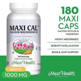 Capsules de Maxi Health Calcium 1000 mg avec D3 et Magnésium, vue de près