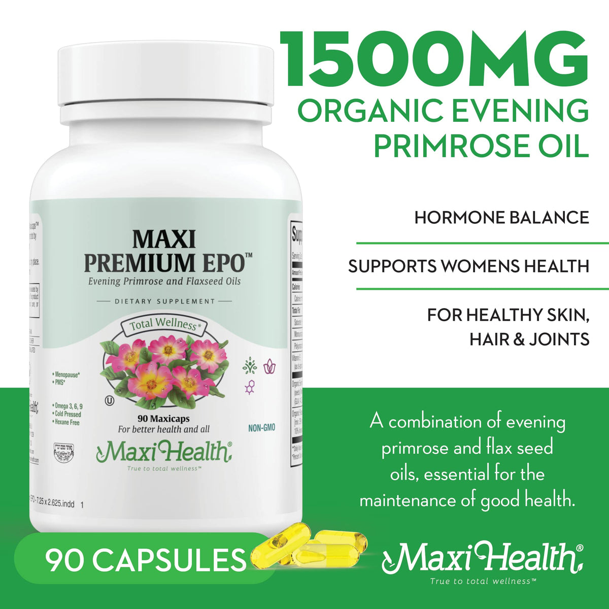 Capsules de Maxi Health Huile de Onagre 1500mg sur une surface blanche