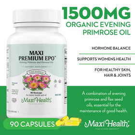 Capsules de Maxi Health Huile de Onagre 1500mg sur une surface blanche