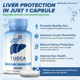 Capsules de MAXLIFE NATURALS TUDCA 500mg sur une surface blanche