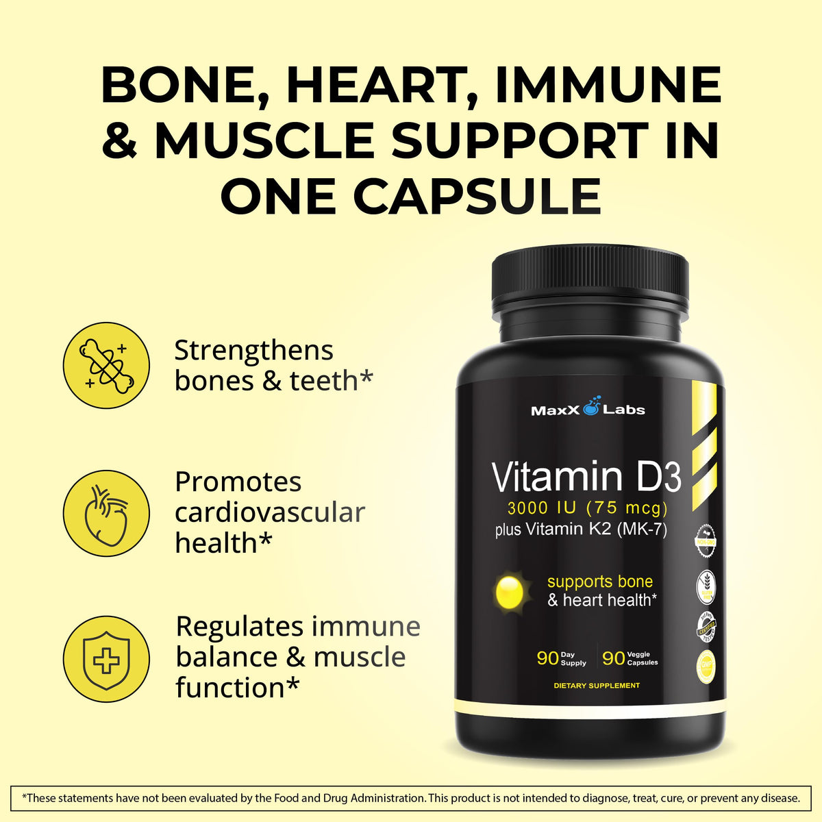 Capsules de MaxX Labs Vitamine D3 K2 sur une table