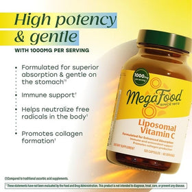 Capsules de MegaFood Vitamine C sur une surface blanche