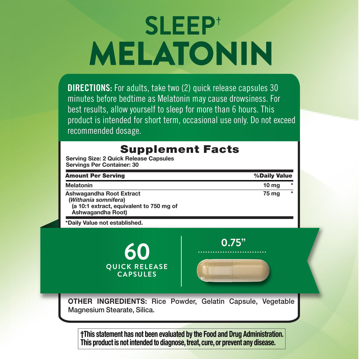 Capsules de Melatonin 10mg avec Ashwagandha de Nature's Truth, vue de près