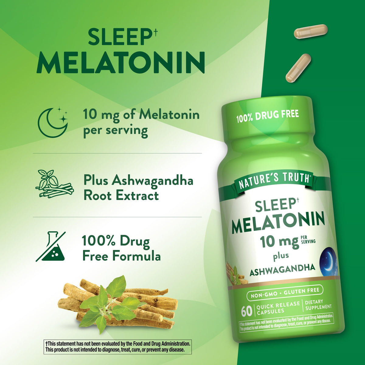 Capsules de Melatonin 10mg avec Ashwagandha sur une surface blanche