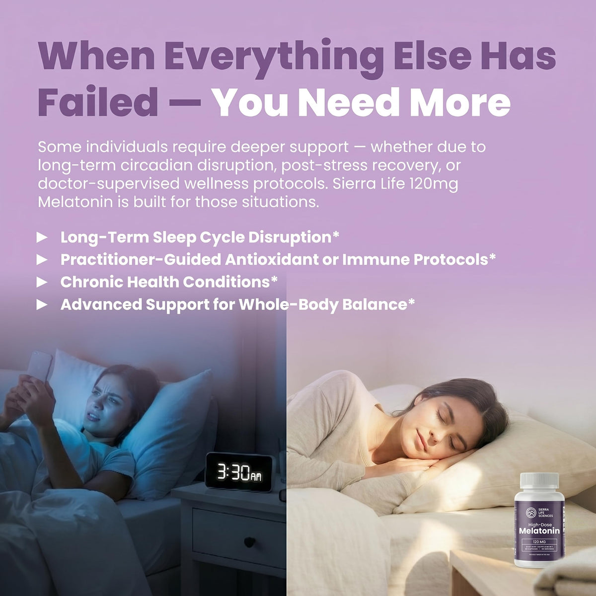 Capsules de mélatonine 120mg SIERRA LIFE SCIENCES sur une table
