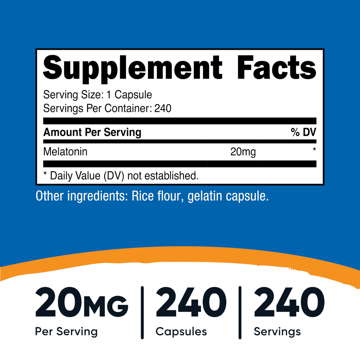 Capsules de melatonine Nutricost 20mg sur une surface blanche
