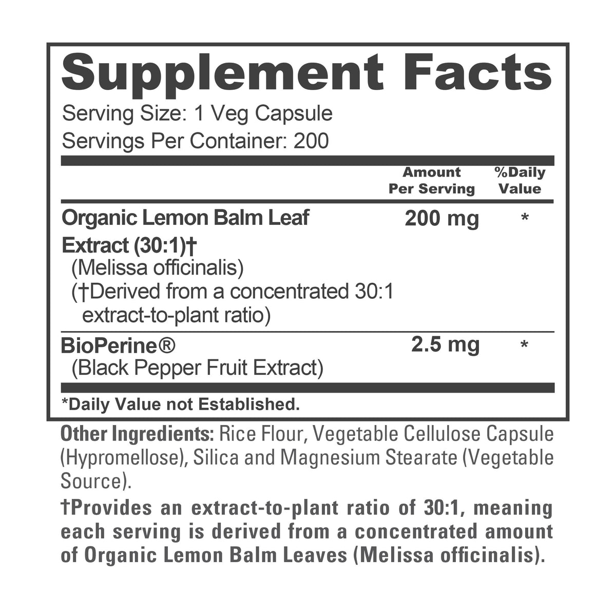 Capsules de mélisse NusaPure prêtes à être prises