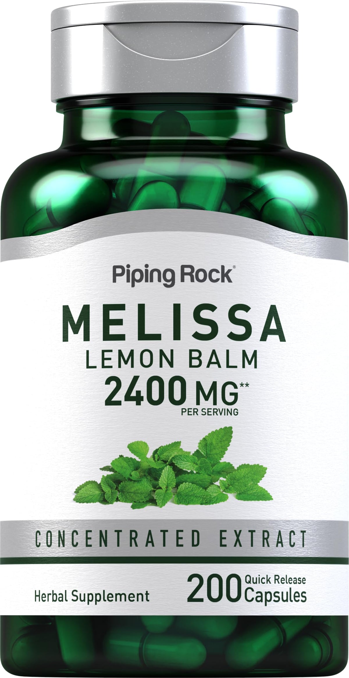 Capsules de mélisse Piping Rock 200 comprimés en boîte