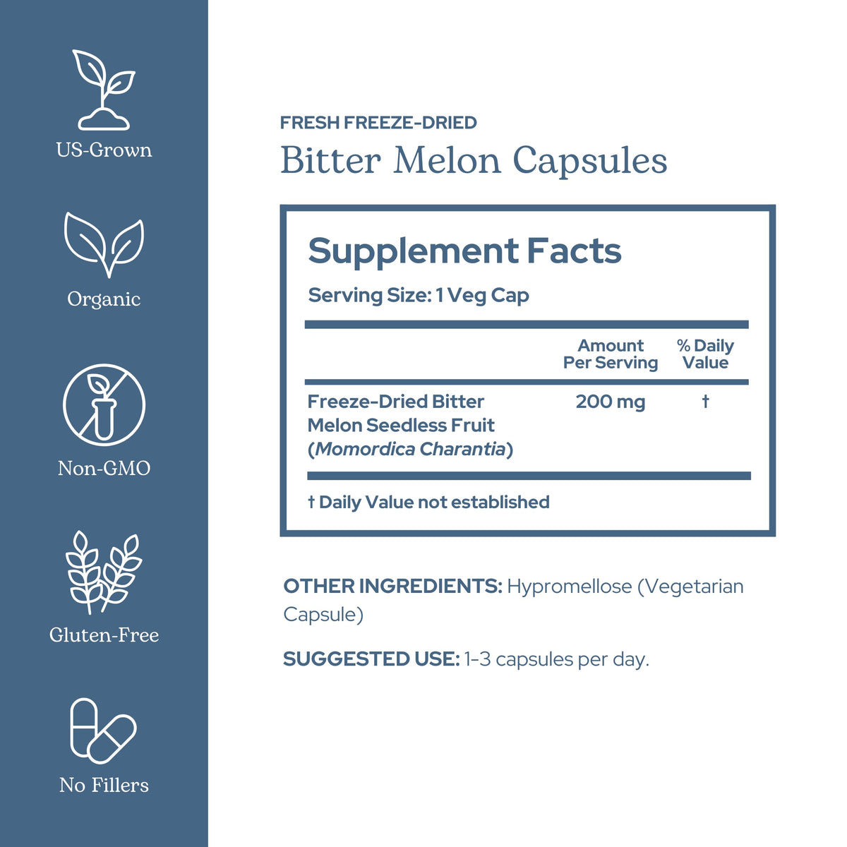Capsules de melon amer 200 mg d'ECLECTIC INSTITUTE en gros plan