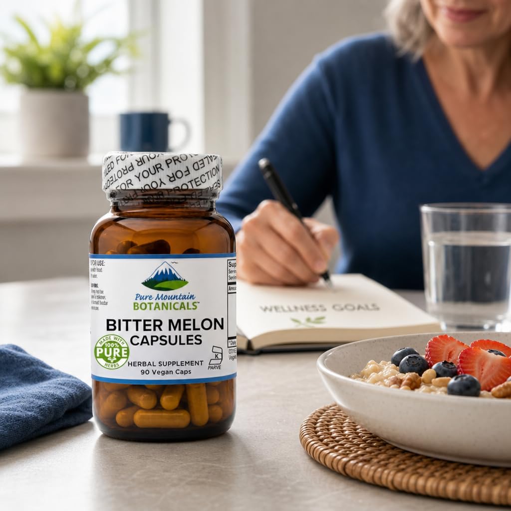 Capsules de melon amer à côté d'un verre d'eau