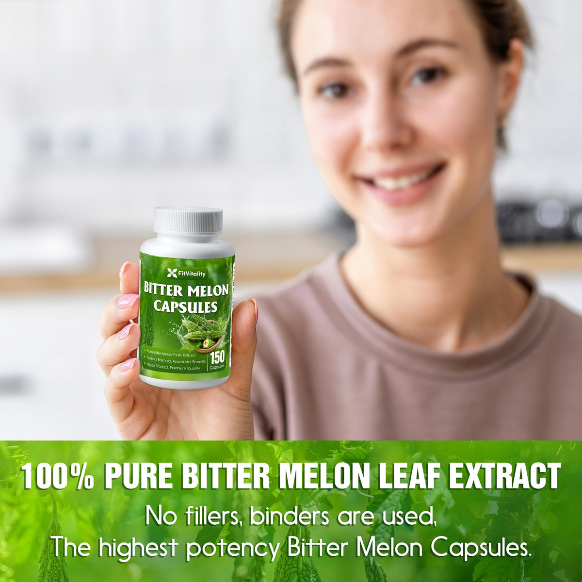 Capsules de melon amer FitVitality sur une table en bois