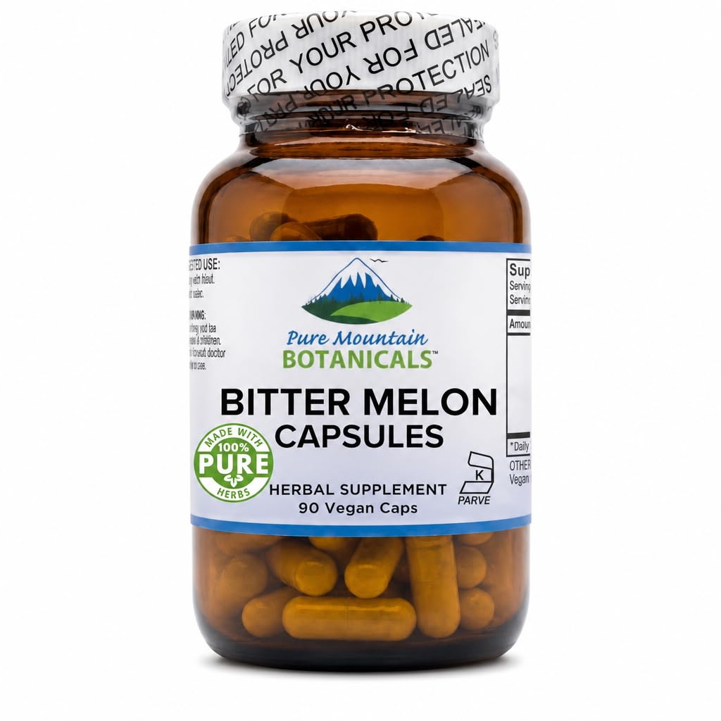 Capsules de melon amer Pure Mountain Botanicals en bouteille vue de face