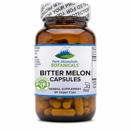 Capsules de melon amer Pure Mountain Botanicals en bouteille vue de face