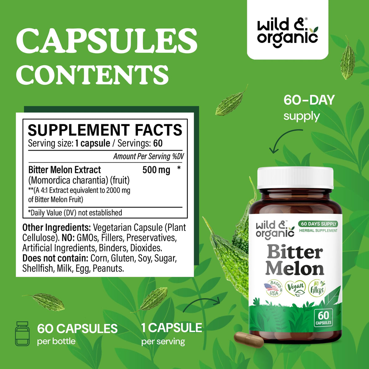 Capsules de melon amer Wild & Organic sur une surface blanche