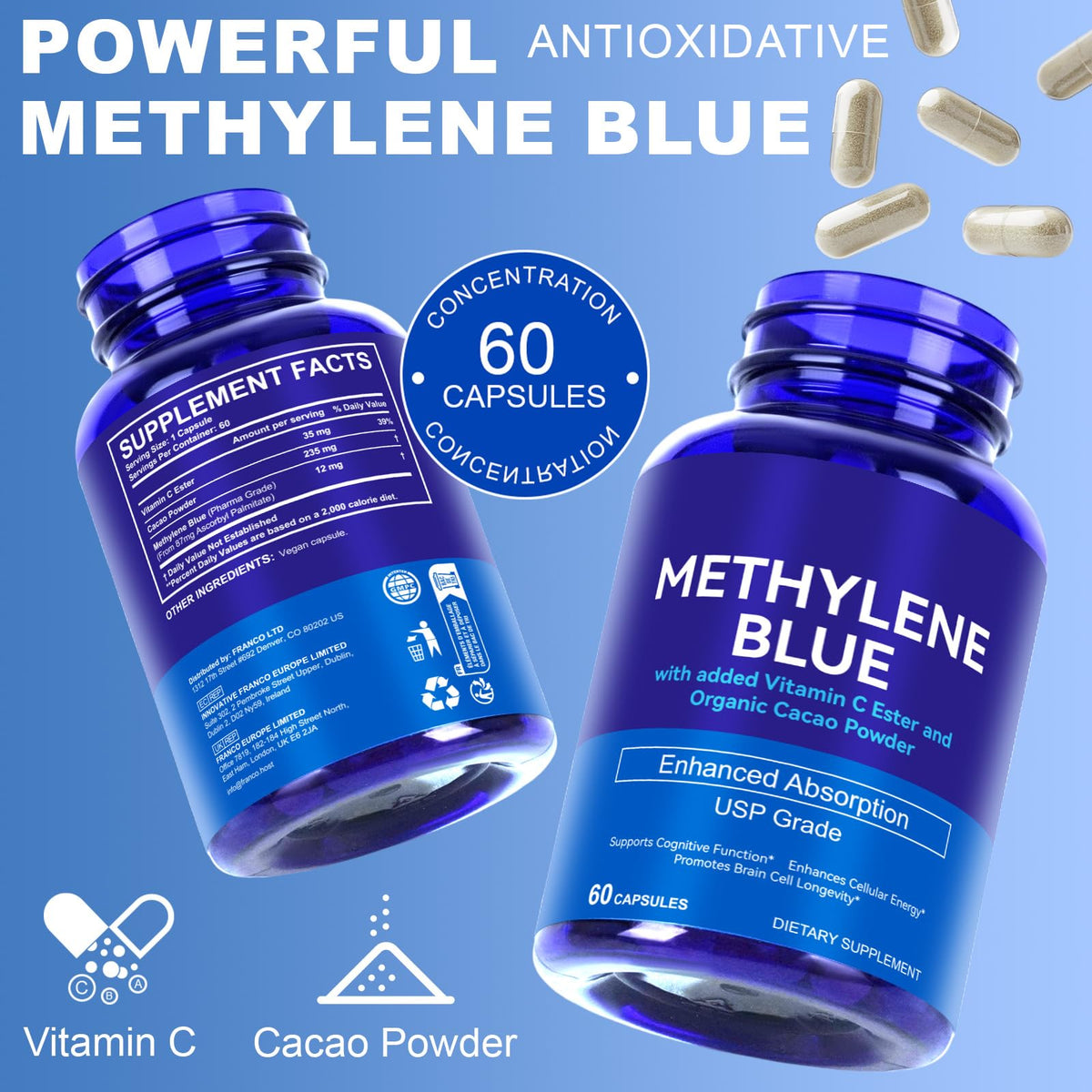 Capsules de Methylene Blue YEMFGQOE sur fond blanc