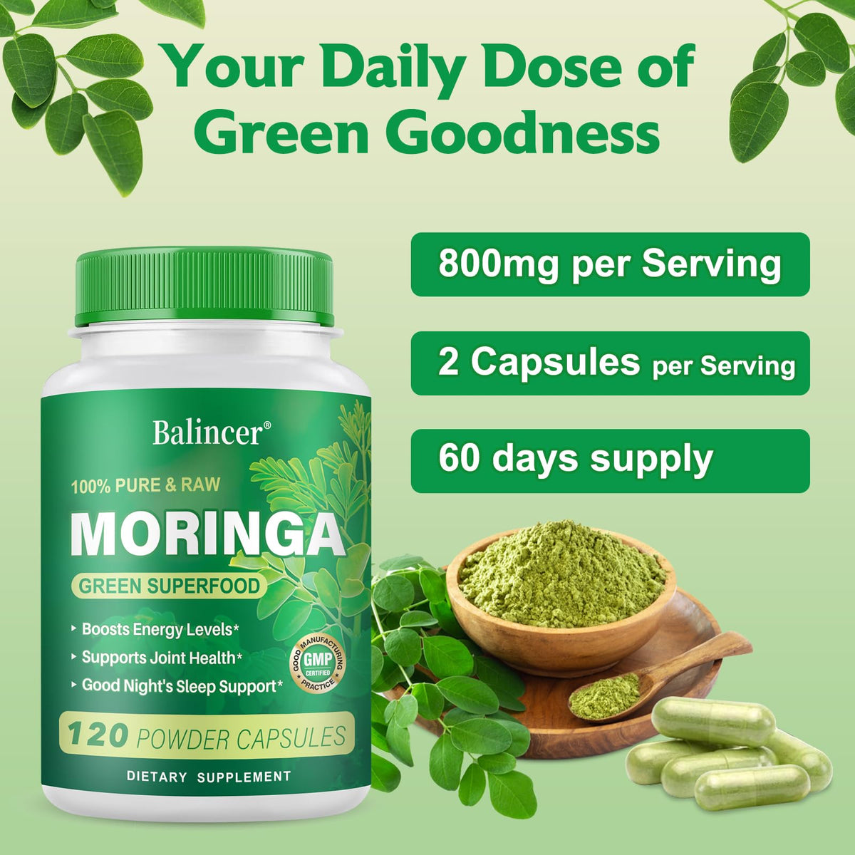 Capsules de Moringa Balincer dans une cuillère