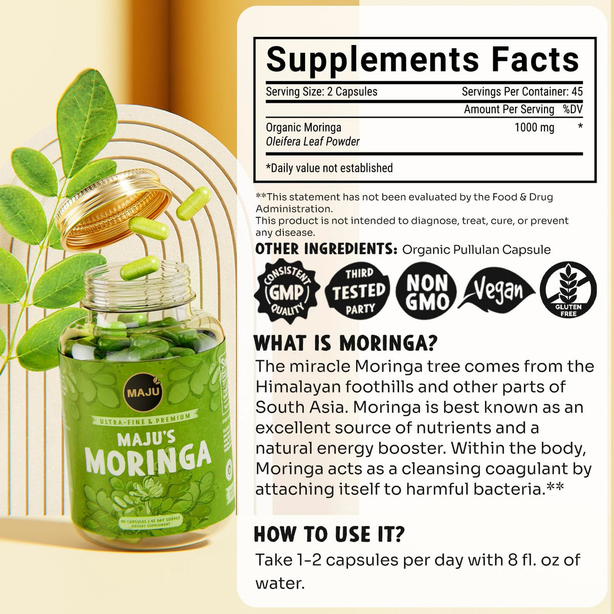 Capsules de Moringa bio Maju Superfoods avec étiquette visible