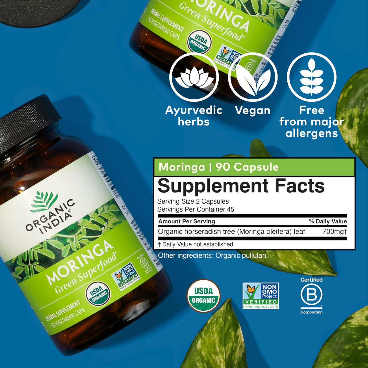 Capsules de Moringa Bio ORGANIC INDIA avec des feuilles de moringa