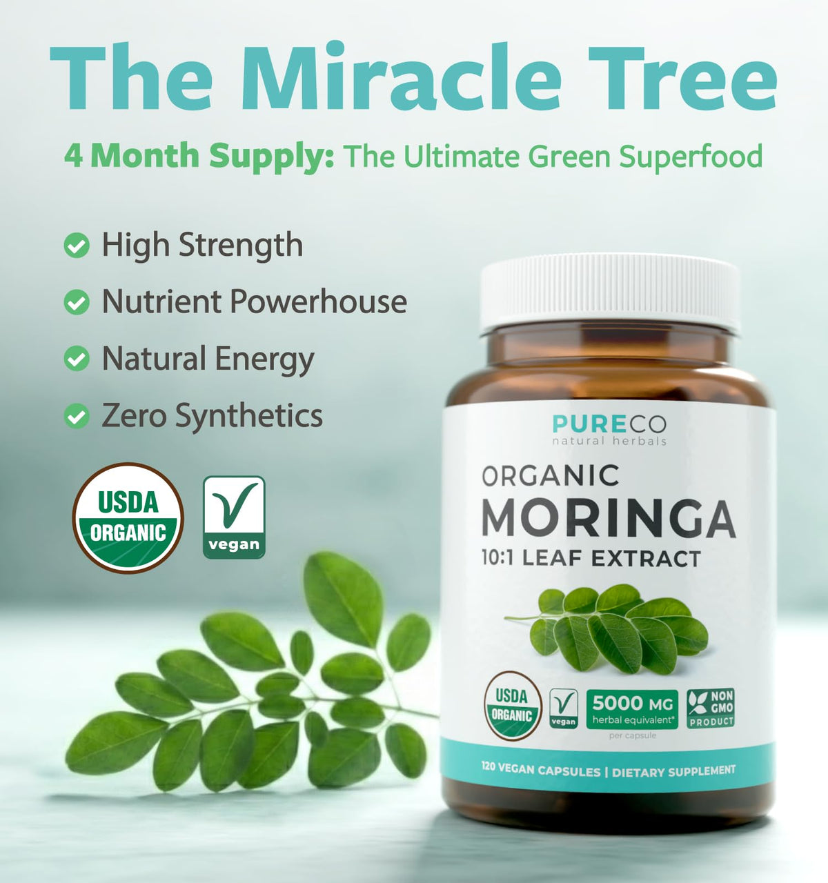 Capsules de Moringa Bio PURE CO sur une surface en bois