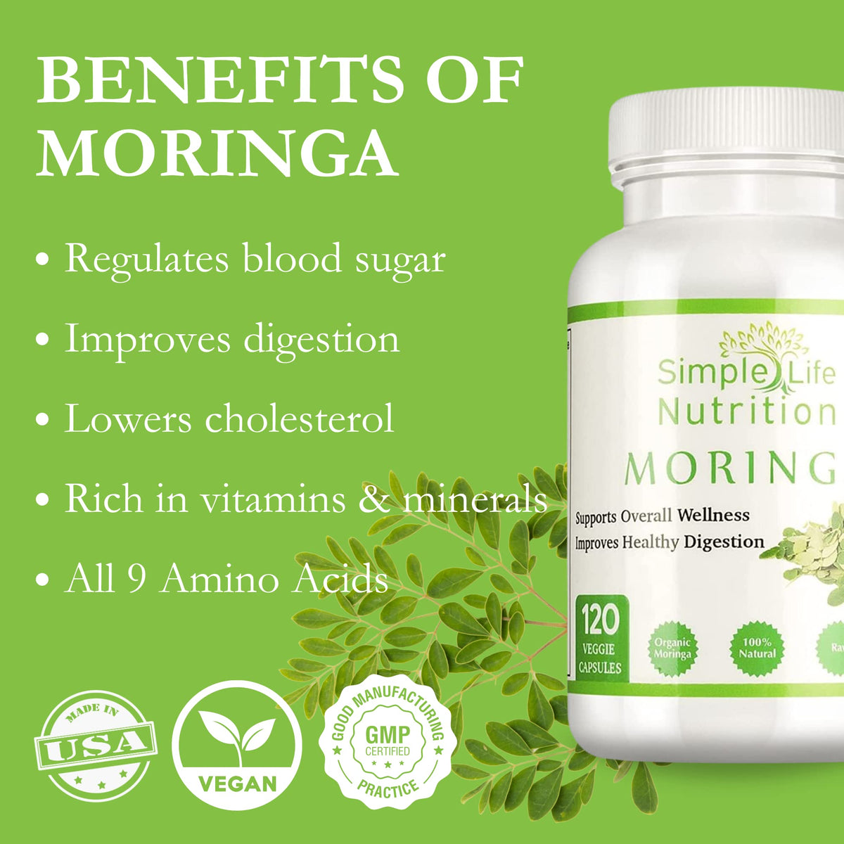 Capsules de Moringa Bio Simple Life Nutrition avec des ingrédients naturels