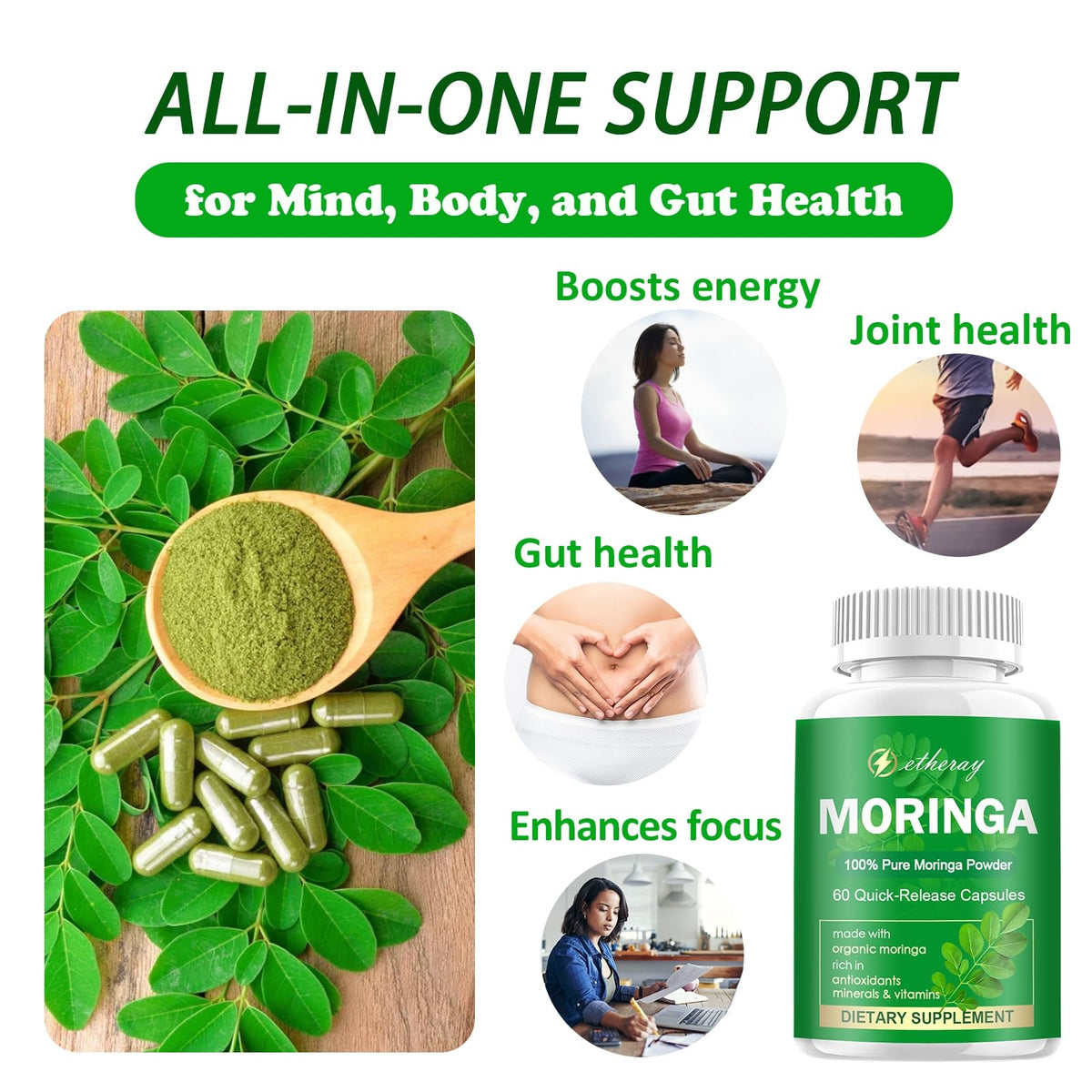 Capsules de Moringa etheray montrant la taille des gélules