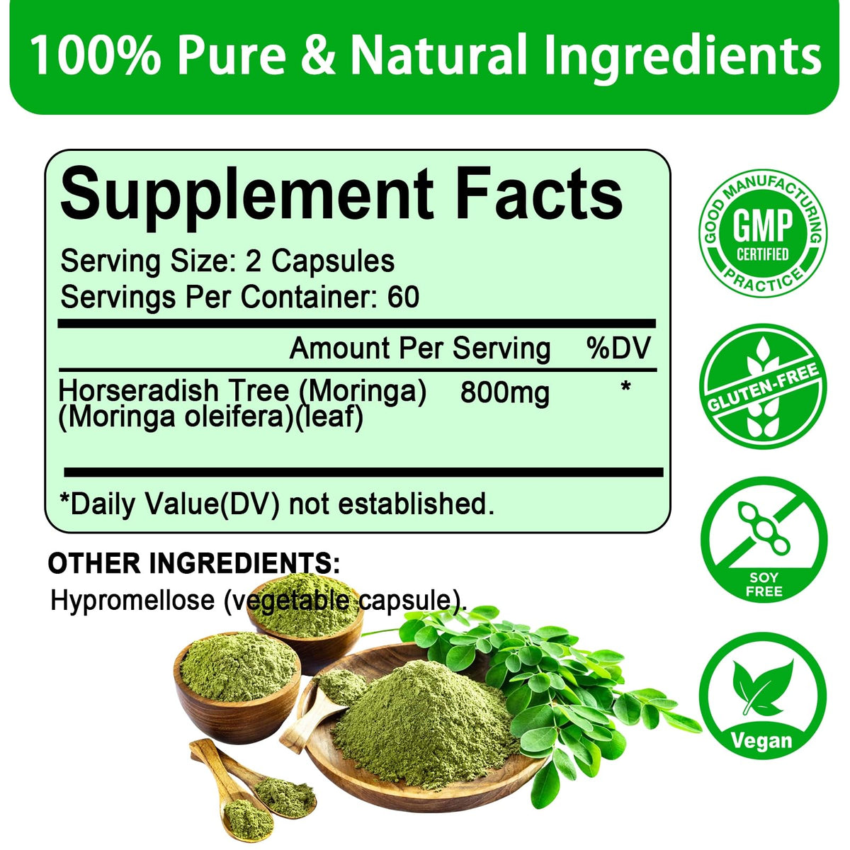 Capsules de Moringa etheray sur fond blanc