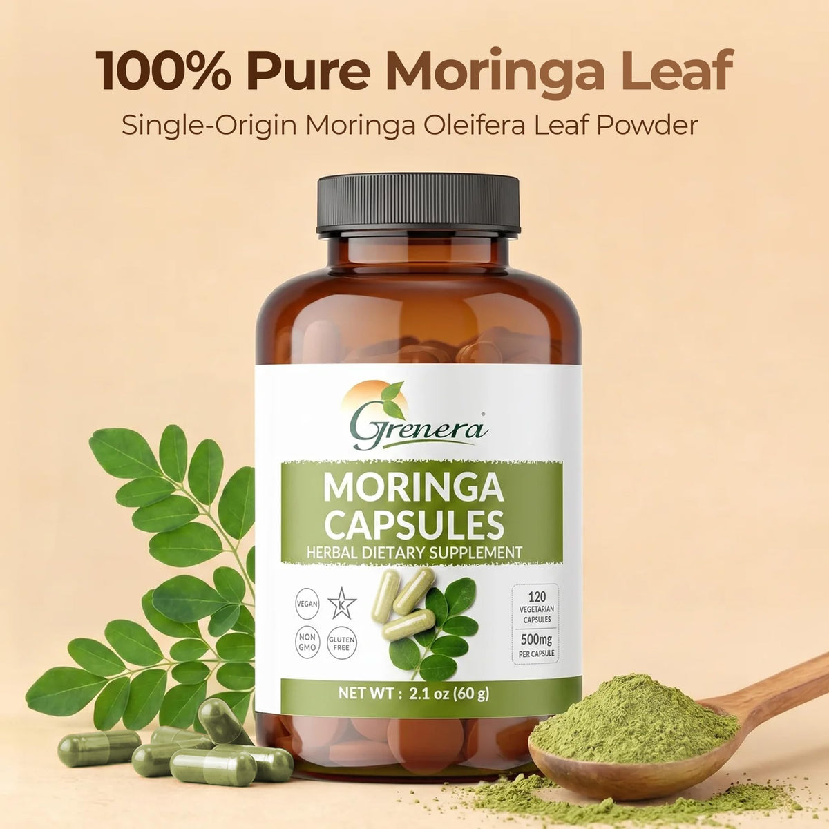 Capsules de moringa Grenera à l'intérieur du flacon
