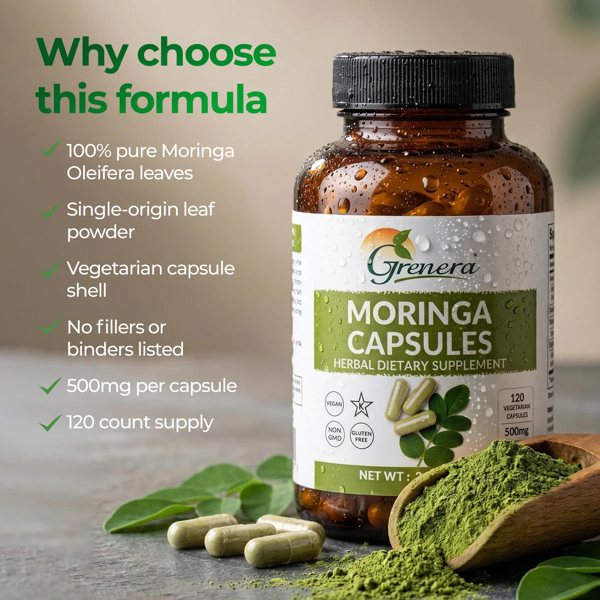 Capsules de moringa Grenera prêtes à être prises