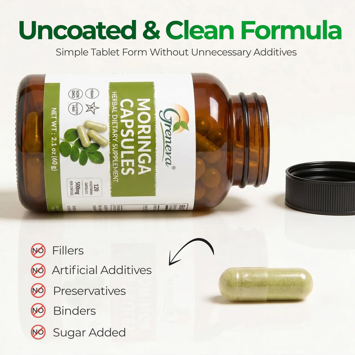 Capsules de moringa Grenera sur un fond blanc