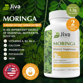 Capsules de Moringa Jiva Botanicals sur une table
