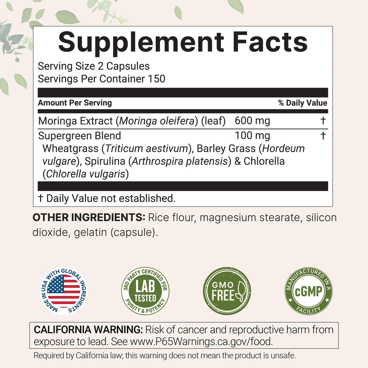 Capsules de Moringa Oleifera Micro Ingredients sur une surface blanche