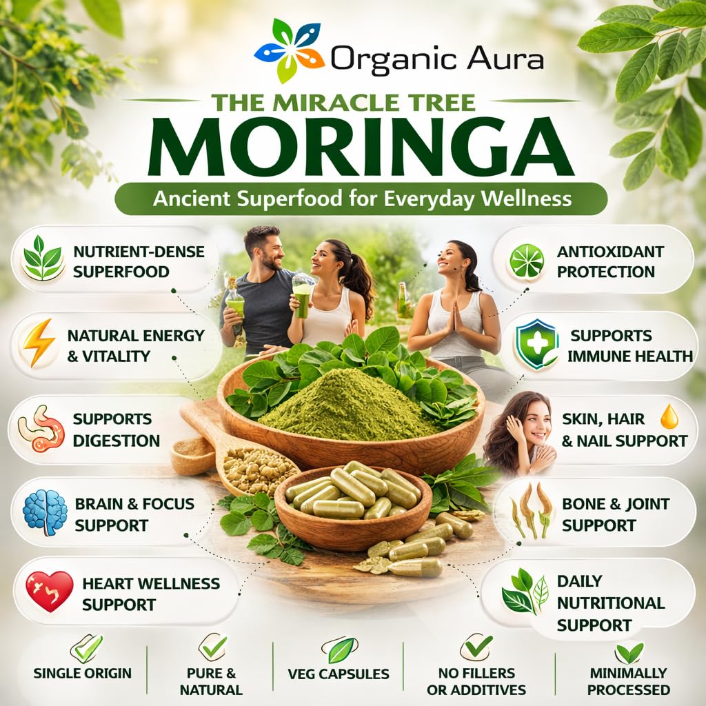 Capsules de Moringa Organic Aura à côté d'un verre d'eau