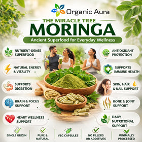 Capsules de Moringa Organic Aura à côté d'un verre d'eau