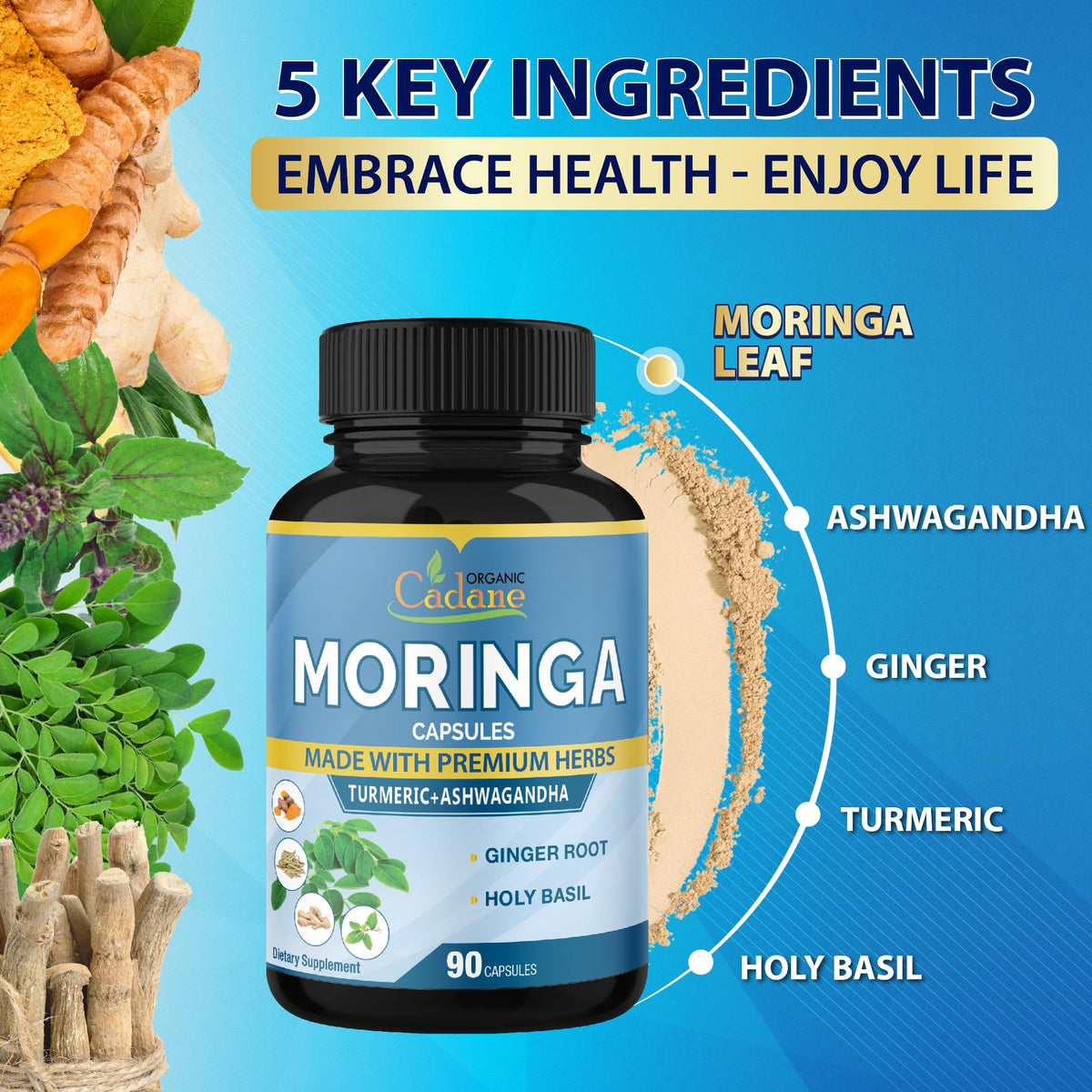 Capsules de Moringa Organic Cadane dans un verre d'eau