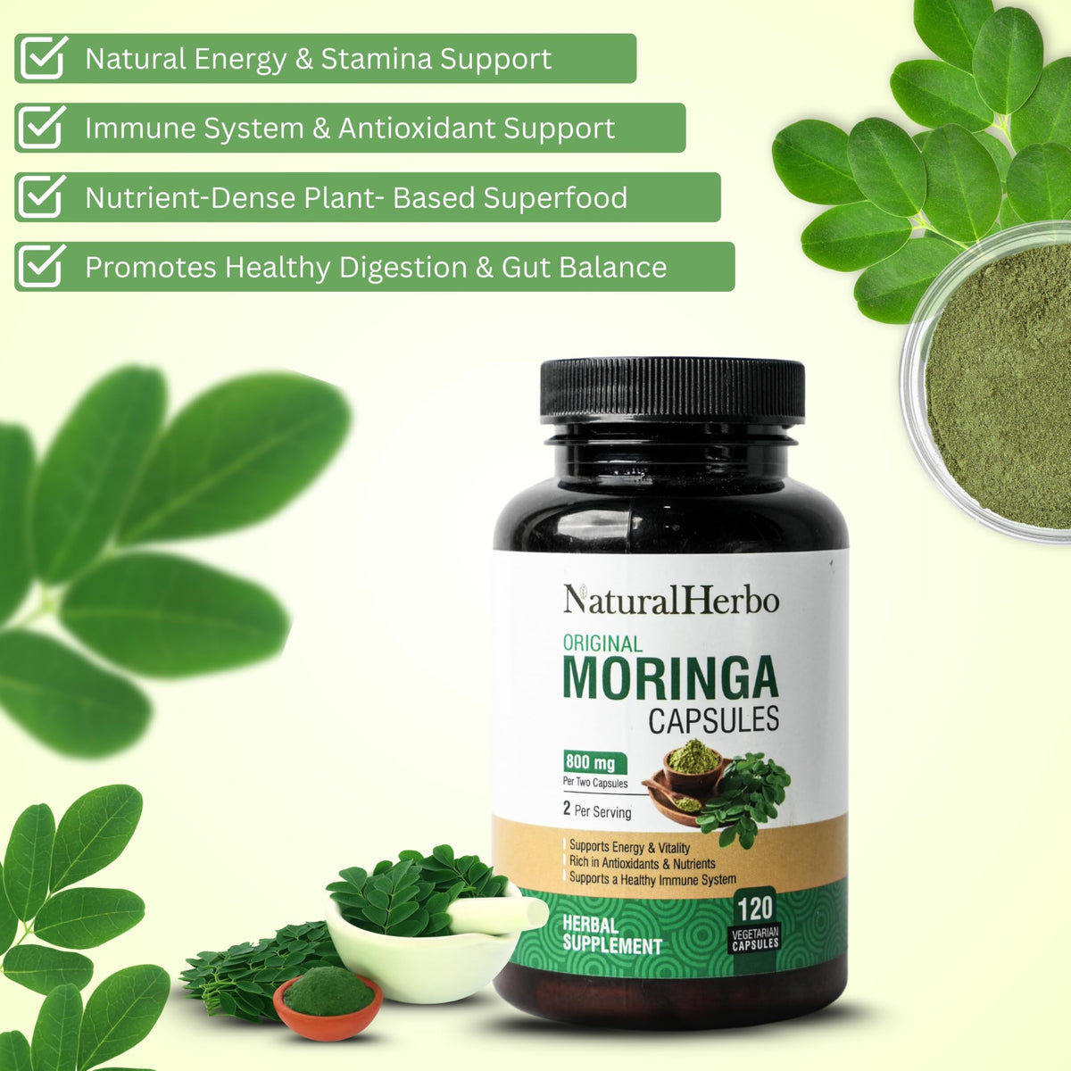 Capsules de Moringa Pur NaturalHerbo sur fond blanc