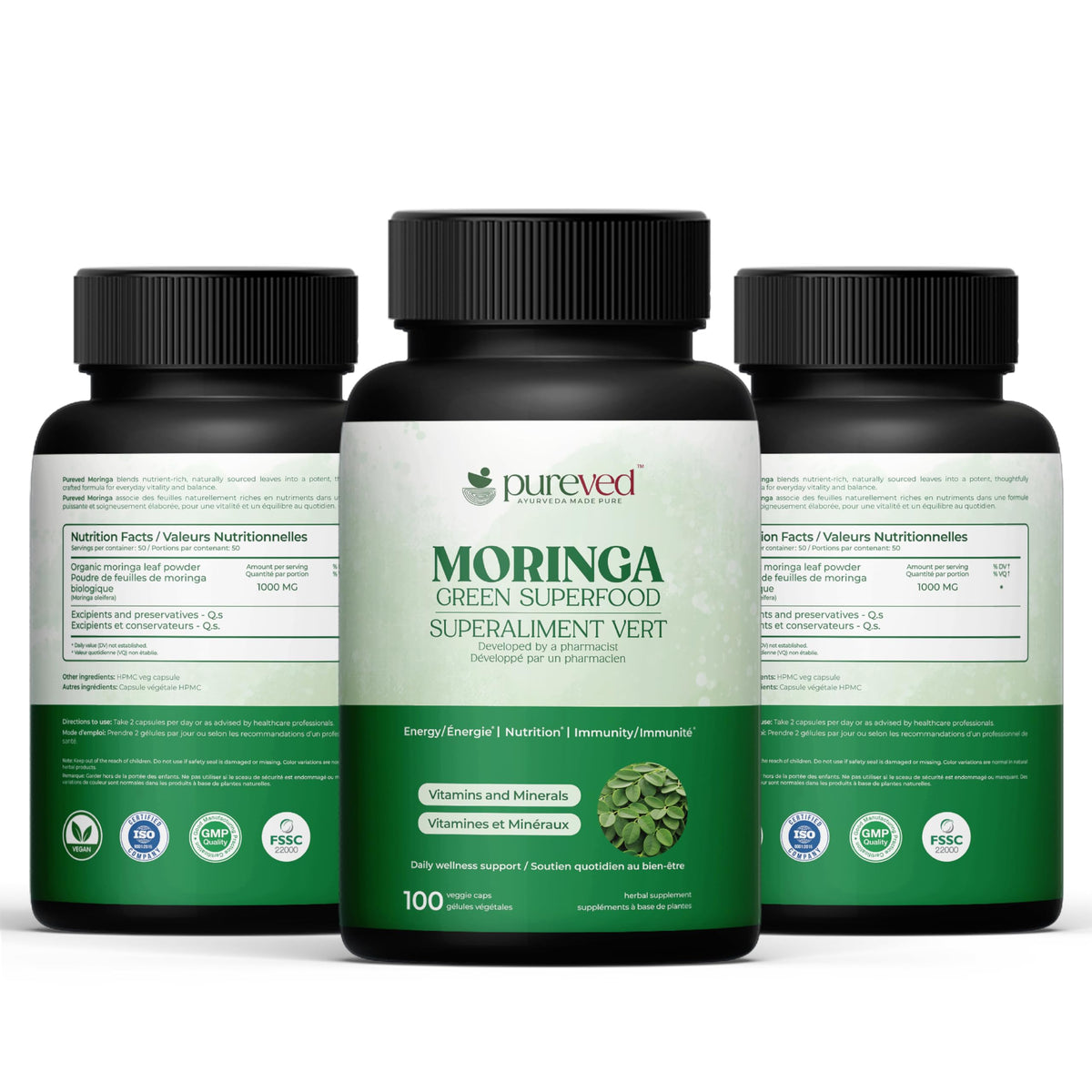 Capsules de moringa Pureved sur fond blanc
