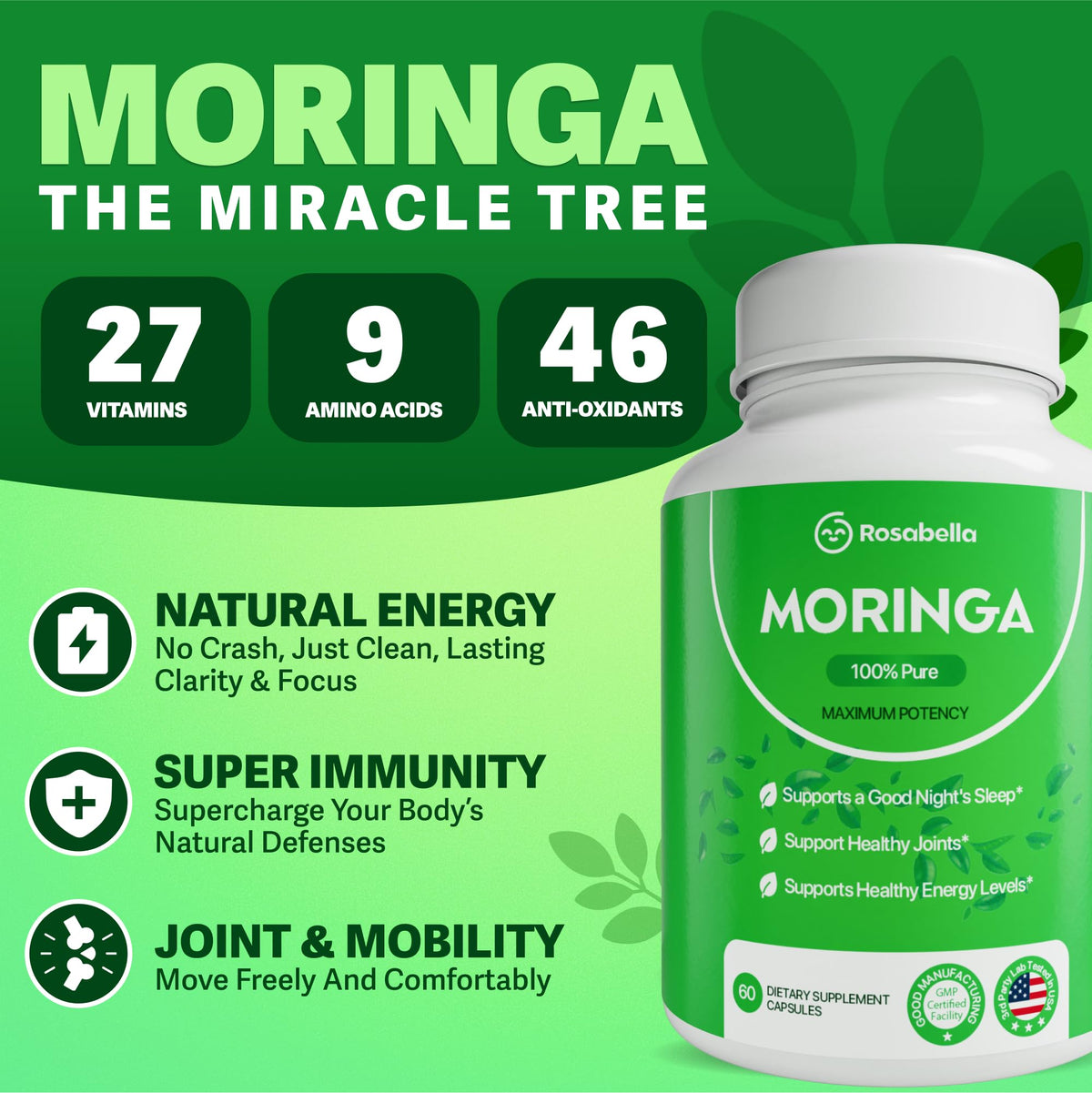 Capsules de moringa Rosabella sur fond blanc