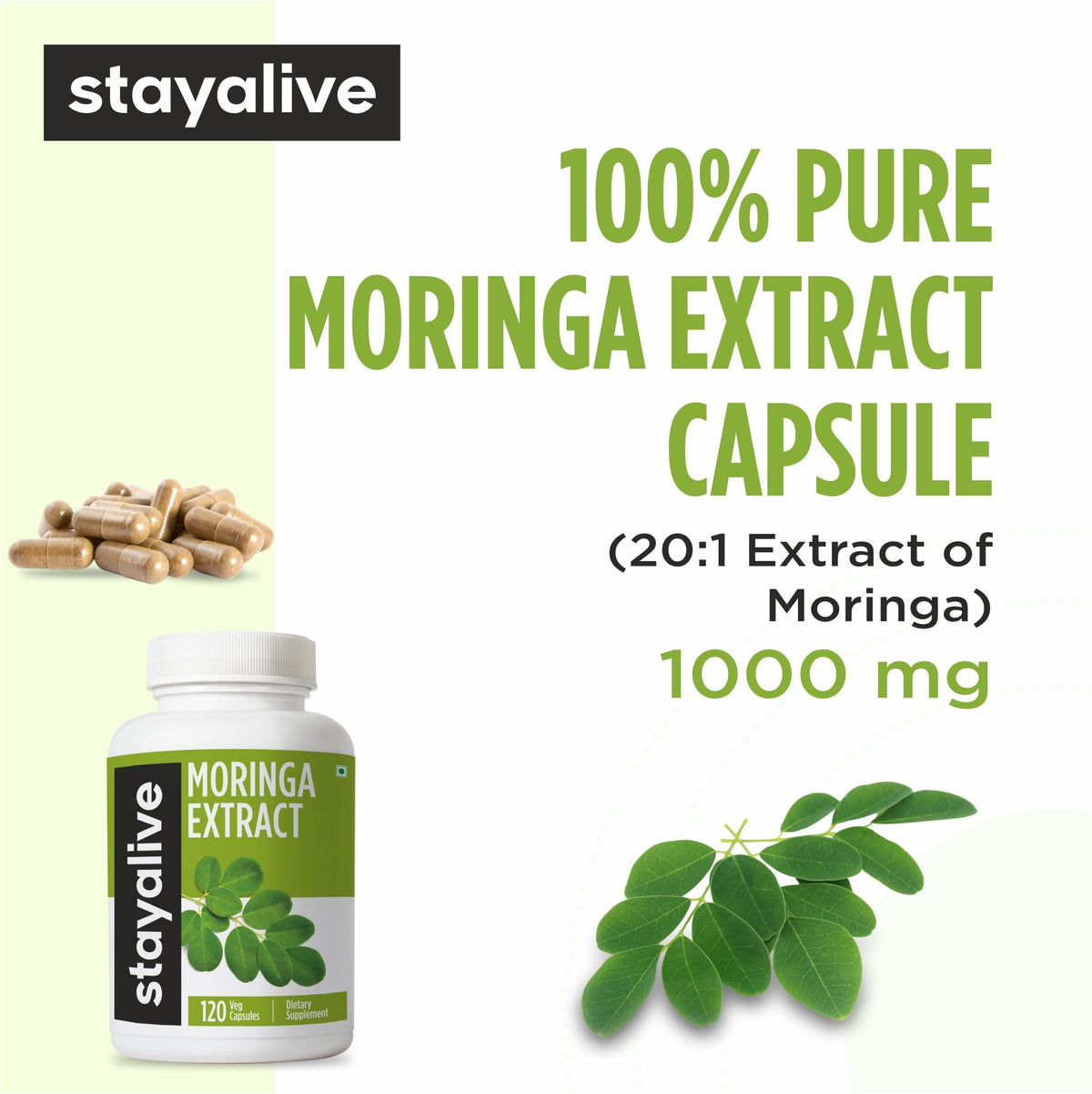 Capsules de Moringa STAY ALIVE 1000mg avec étiquette visible