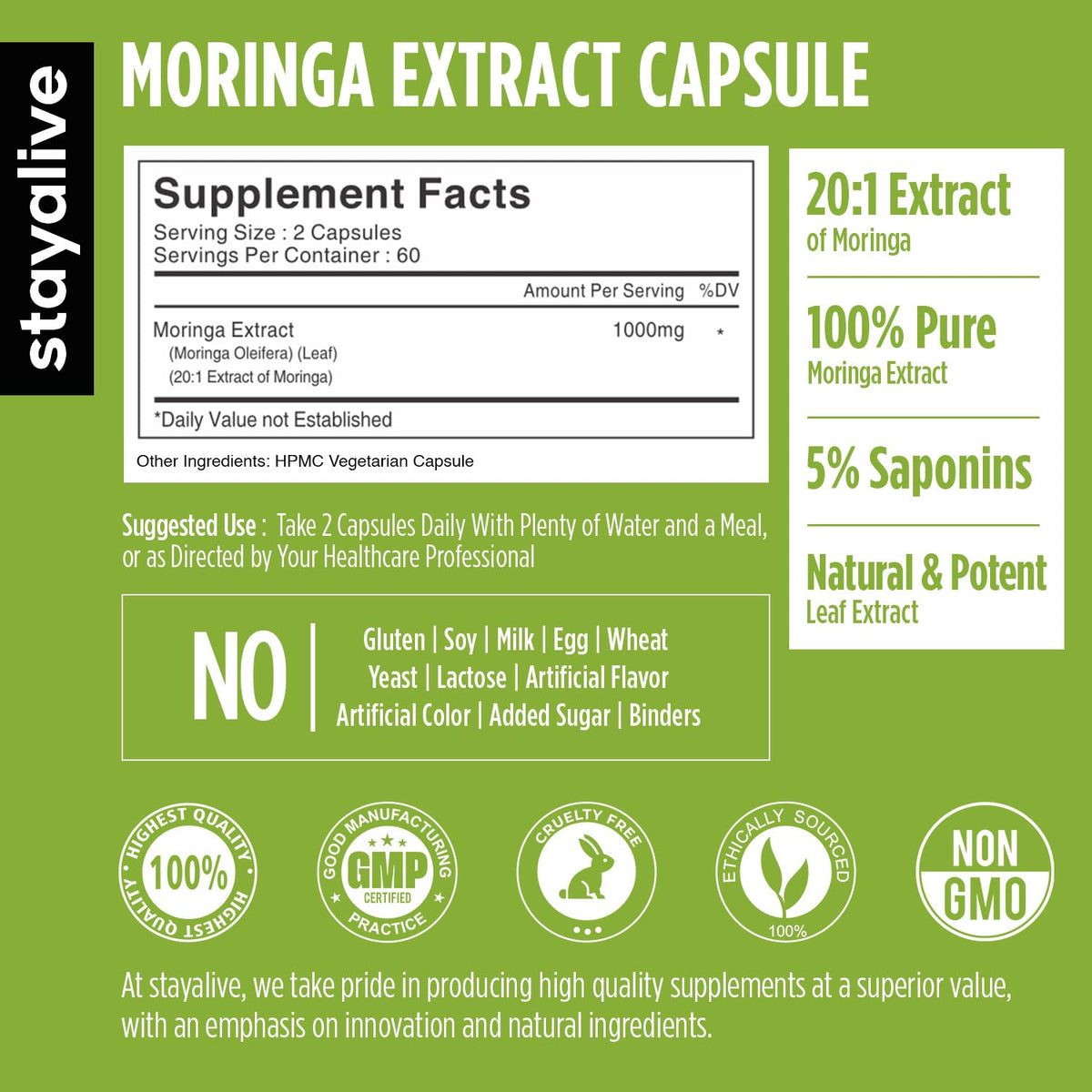 Capsules de Moringa STAY ALIVE sur fond blanc