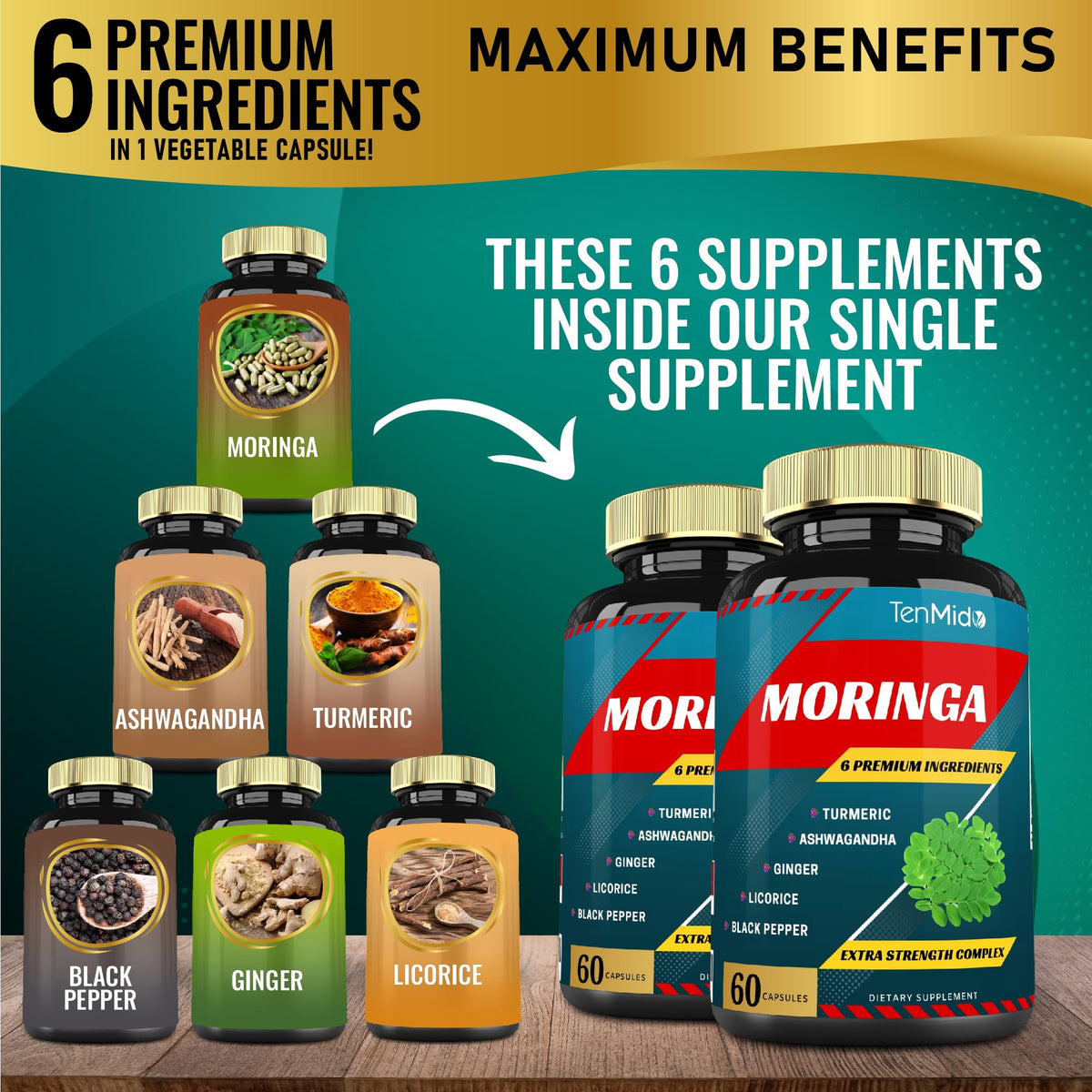 Capsules de Moringa Tenmido sur une surface en bois
