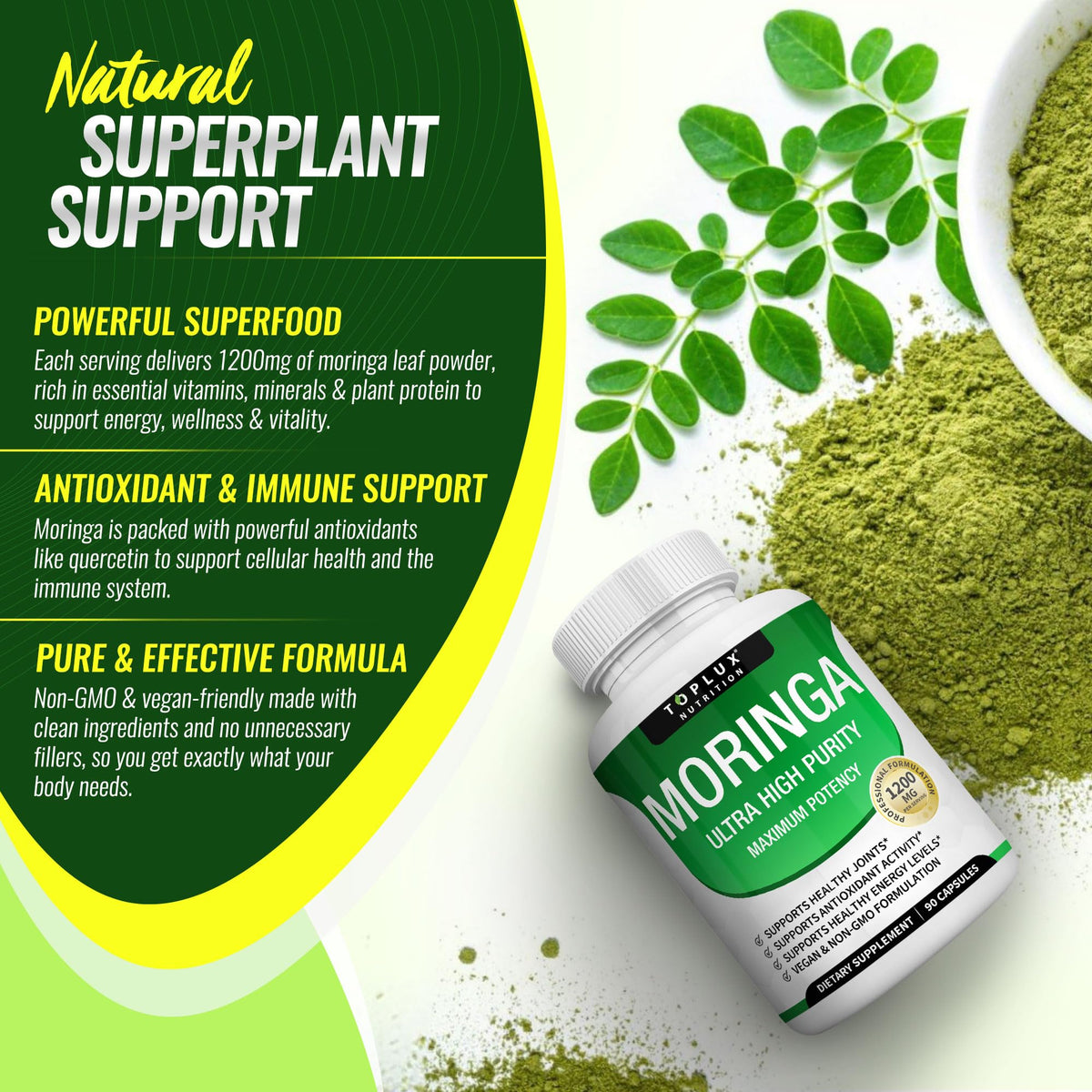 Capsules de Moringa Toplux à côté d'un verre d'eau