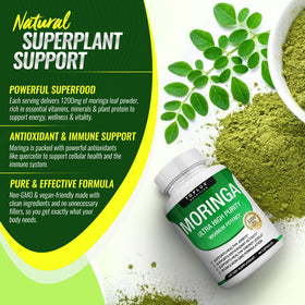 Capsules de Moringa Toplux à côté d'un verre d'eau