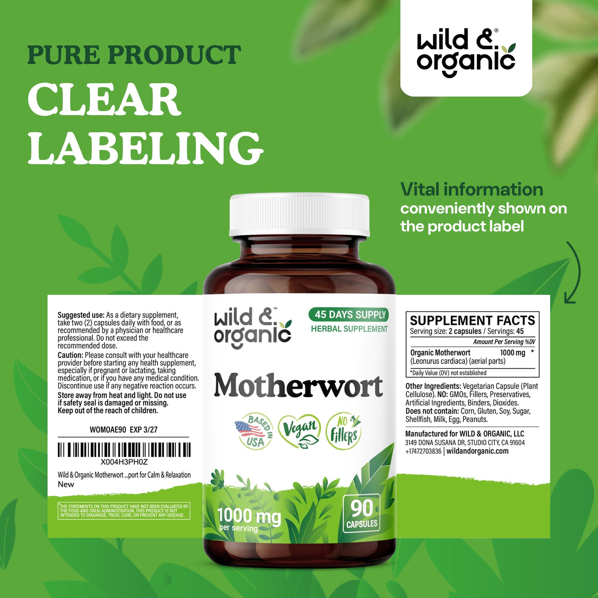 Capsules de motherwort Wild & Organic sur un fond neutre